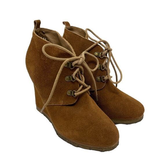 Steve Madden Suede Tangoo Lace-Up Wedge Ankle Bootie Women's 8 Cognac Brown - Picture 1 of 10